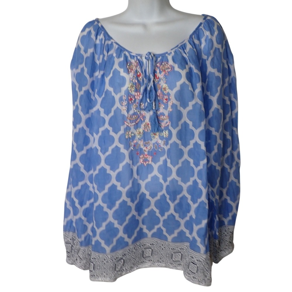 Dolma Womens Blue White Geometric Embroidered Tassel Tunic Blouse L Beach BOHO